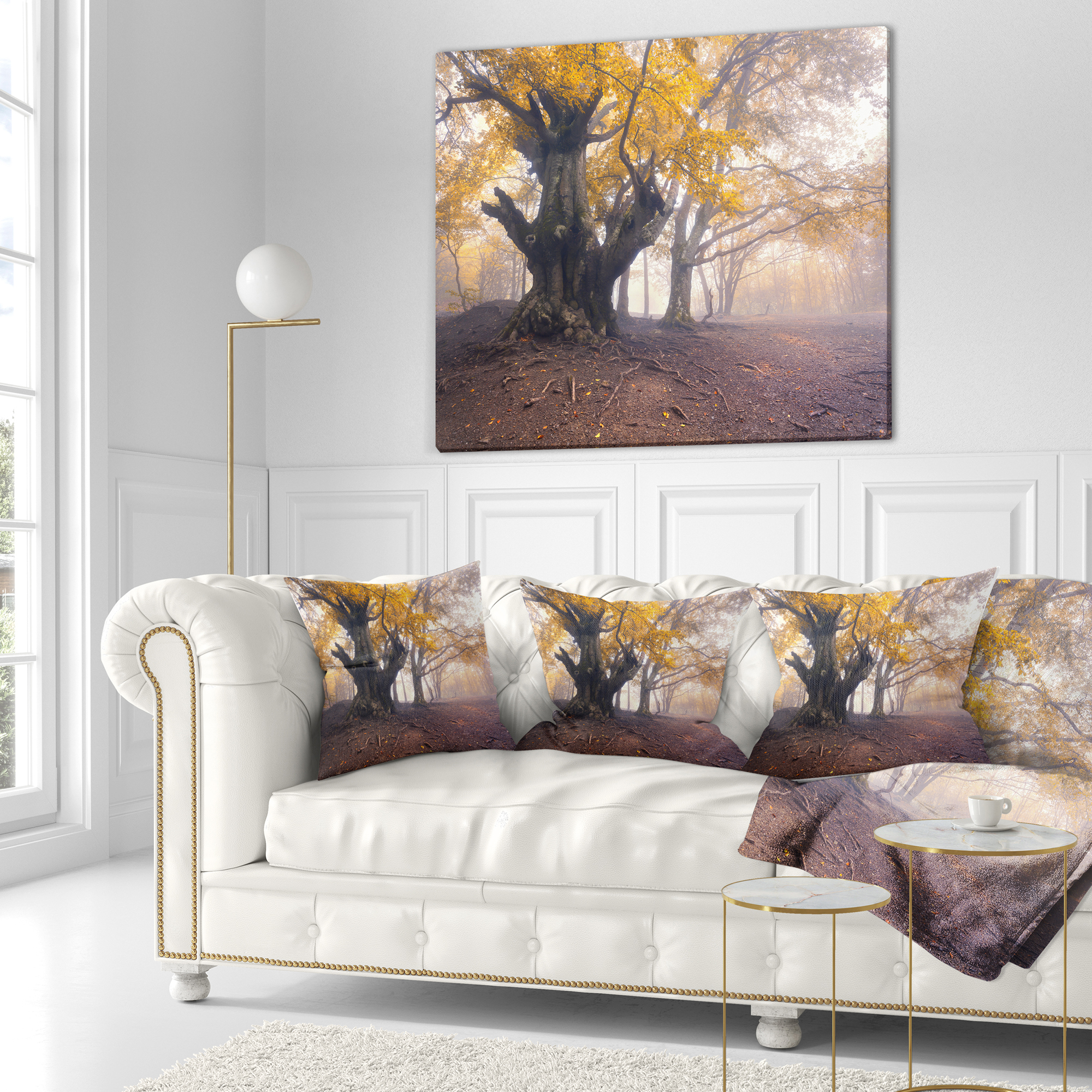 Designart Dark Tree with Yellow Leaves - Landscape Photography Throw Pillow - 18x18
