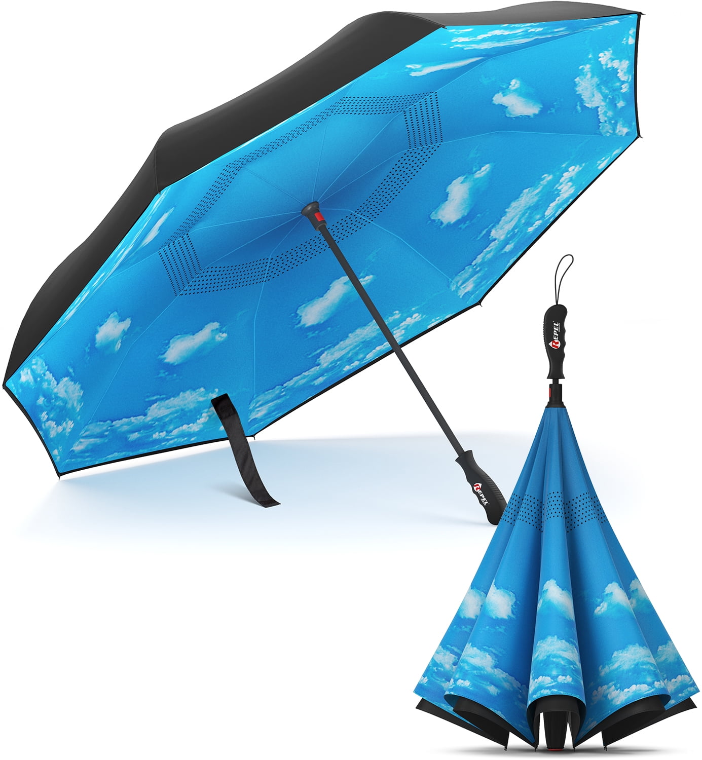 Repel Reverse Folding Inverted Umbrella with 2 Layered Teflon Canopy and Reinforced Fiberglass Ribs Blue Sky 