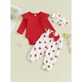thumbnail image 2 of Bslissey Infant Baby Girls Jumpsuit Outfits Solid Color Long Sleeve Romper + Heart Print Long Pants + Bow Headband 3Pcs Clothes Set for Newborn 3M 6M 9M 12M 18M, 2 of 9