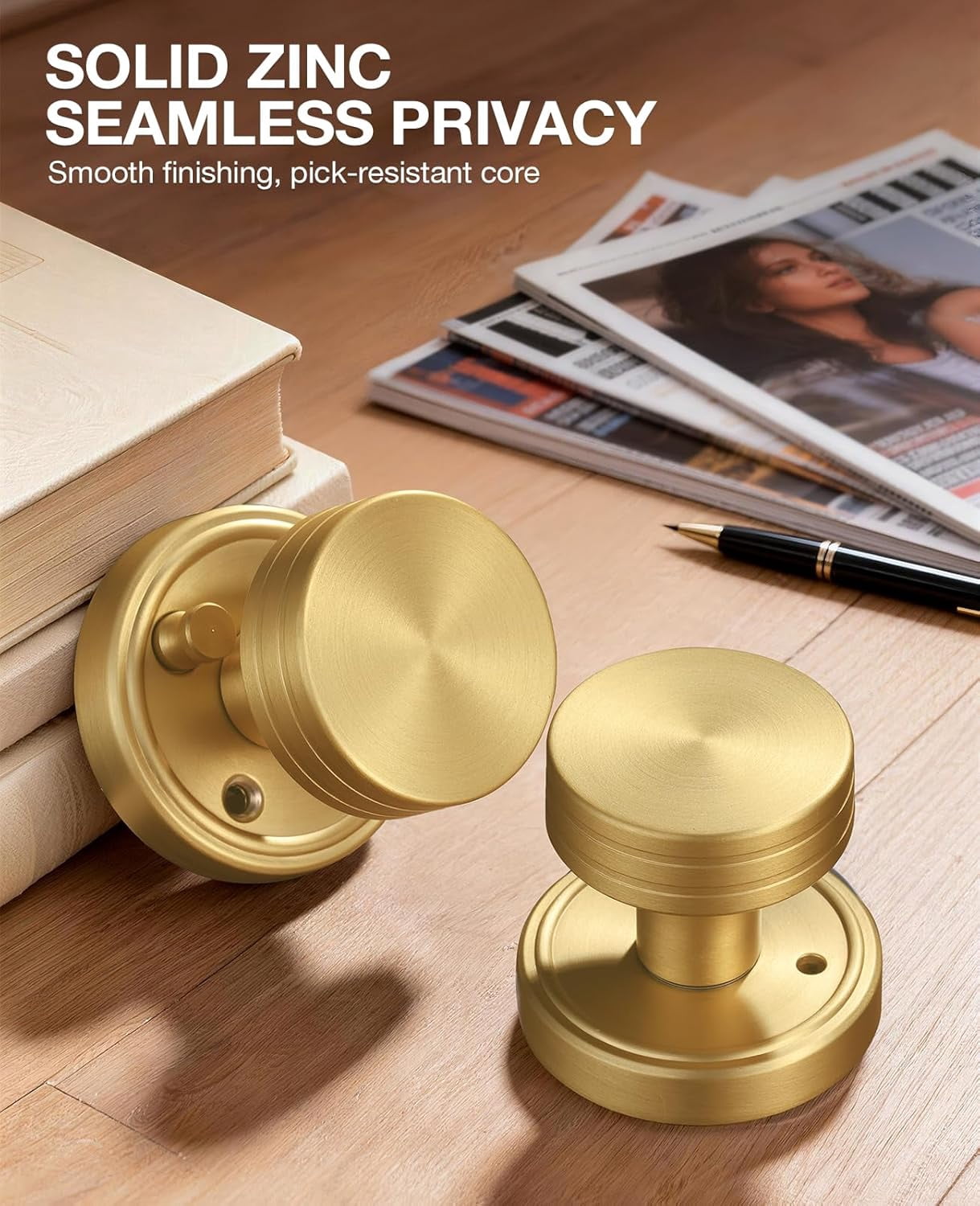 Klamerit Privacy Brushed Gold Door Knobs Heavy Duty Zinc Alloy Round Interior Door Knobs with Lock,for Bathroom & Bedroom