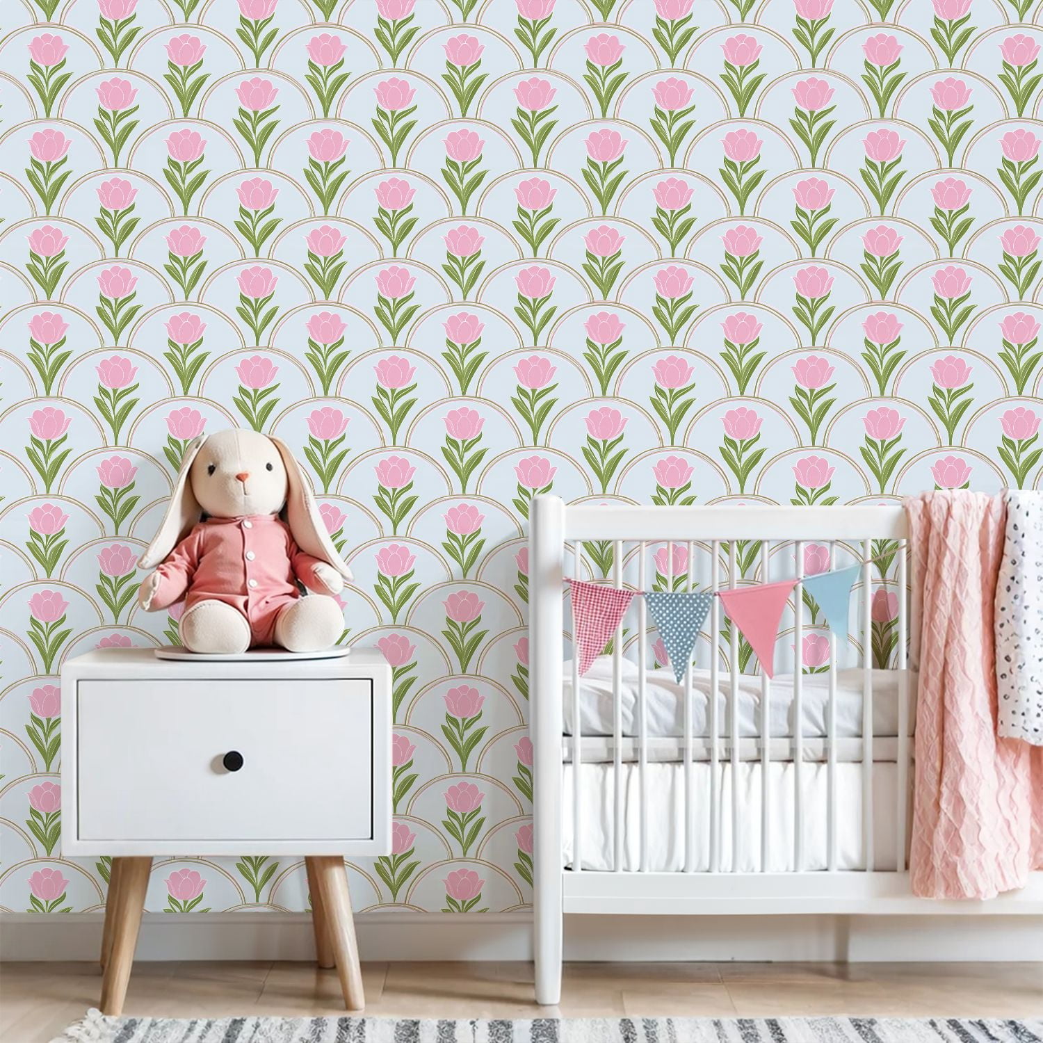 Peel and Stick Wallpaper Pink Tulip Floral Arches Blue Wall Mural 23.6in x 9.8ft Self Adhesive Removable Wall Paper Renter Friendly Wallpaper for Nursery Bedroom Cabinets