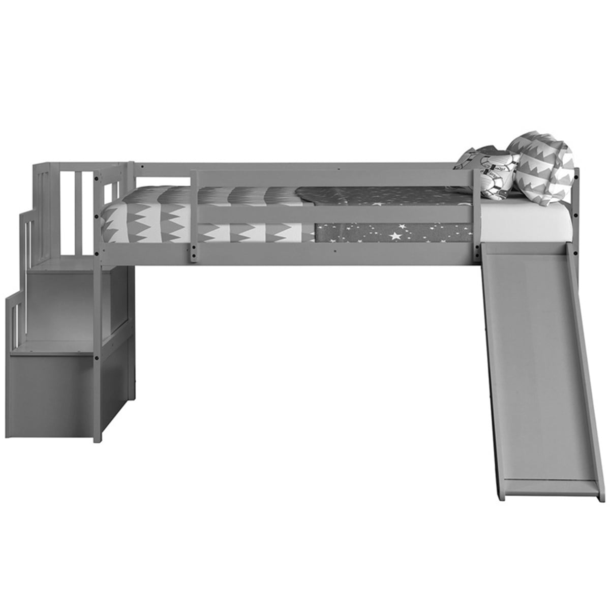 Bunk Bed with Staircase and Slide, Kids Wood Twin Loft Bed, Grey