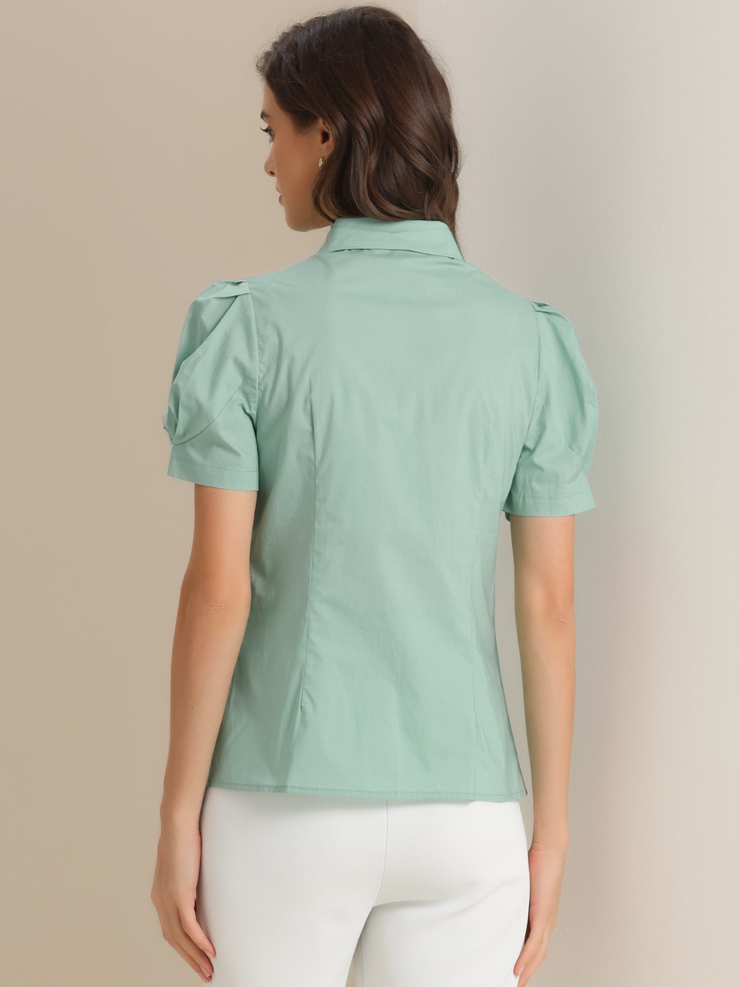 DARING DIVA Women's Puff Sleeve Turn Down Collared Work Office Button Down Shirt S Green