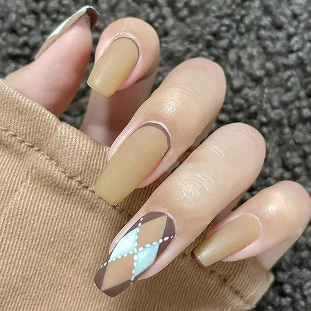 Uñas postizas de punta francesa de longitud media con diseño de diamante, uñas postizas cortas con pegamento, uñas acrílicas mate con pegamento para mujeres/diario/fiesta, 24 piezas/juego estilo