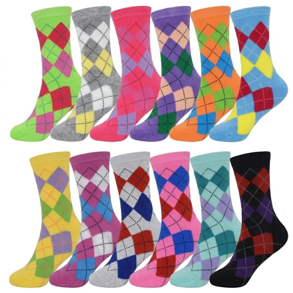 6-Pairs Glory Max Women's Cotton Casual Assorted Colors Argyle Design Crew Socks Size 9-11