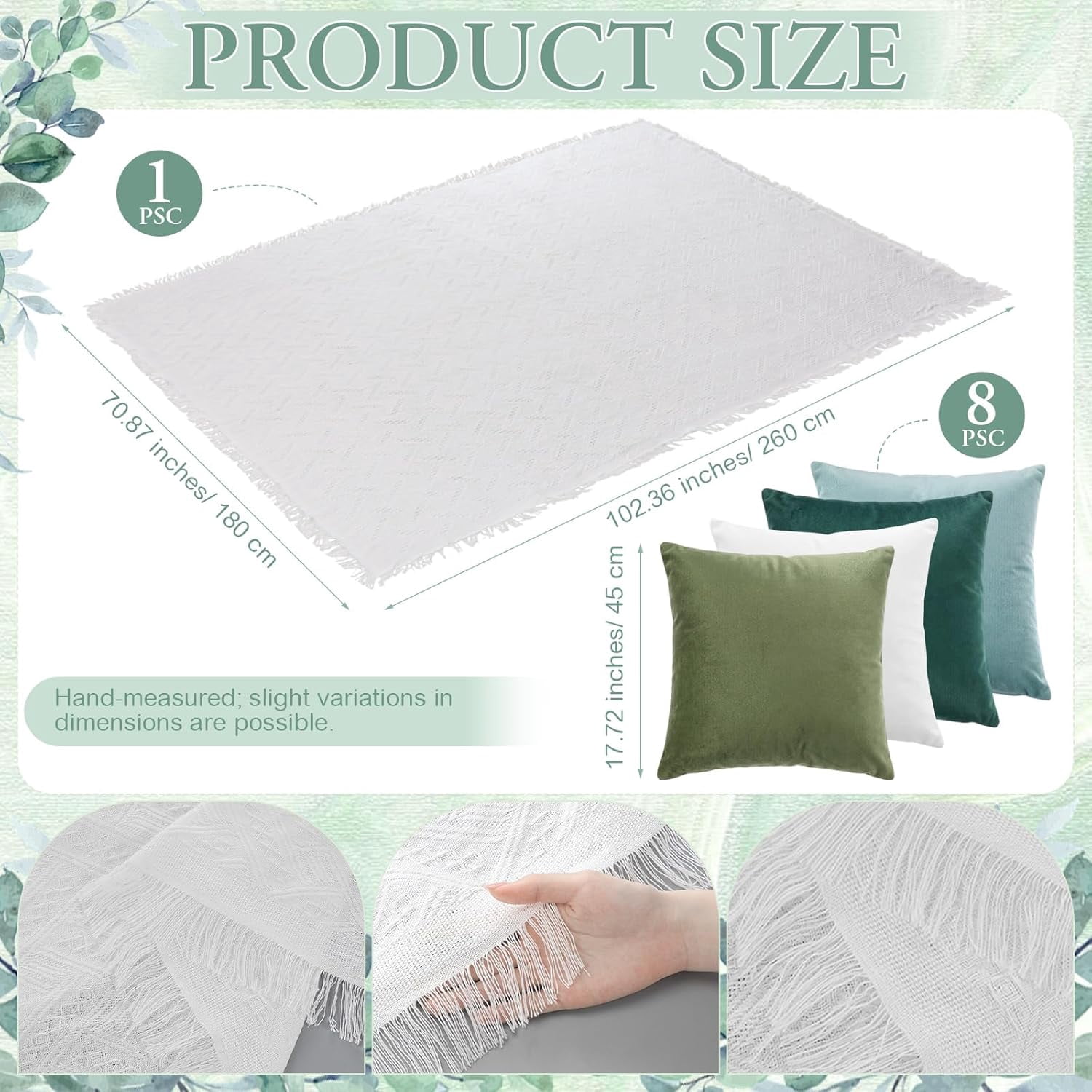 10 Pcs 71''x102'' Extra Large White Outdoor Boho Picnic Blanket with Green Table Runner 8 Throw Pillow Cover Oversized Washable Portable Beach Blanket for Valentine Picnic Camp Lawn Wedding