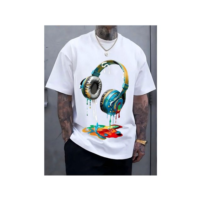 Camiseta de algodón azul marino para hombre con estampado gráfico de auriculares vibrantes. Estilo urbano informal. Manga corta, cuello redondo. Lavable a máquina. 100 % algodón. Ideal para moda de ve