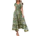 thumbnail image 4 of Aobny Green Vintage Dresses Flowy Boho A-Line Short Sleeve V-Neck Floral Midi Trendy Dresses, 4 of 5