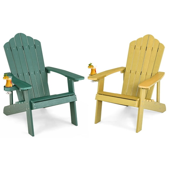 Gymax 2PCS Patio HIPS Adirondack Chair w/ Cup Holder Weather Resistant 380 LBS Green & Yellow