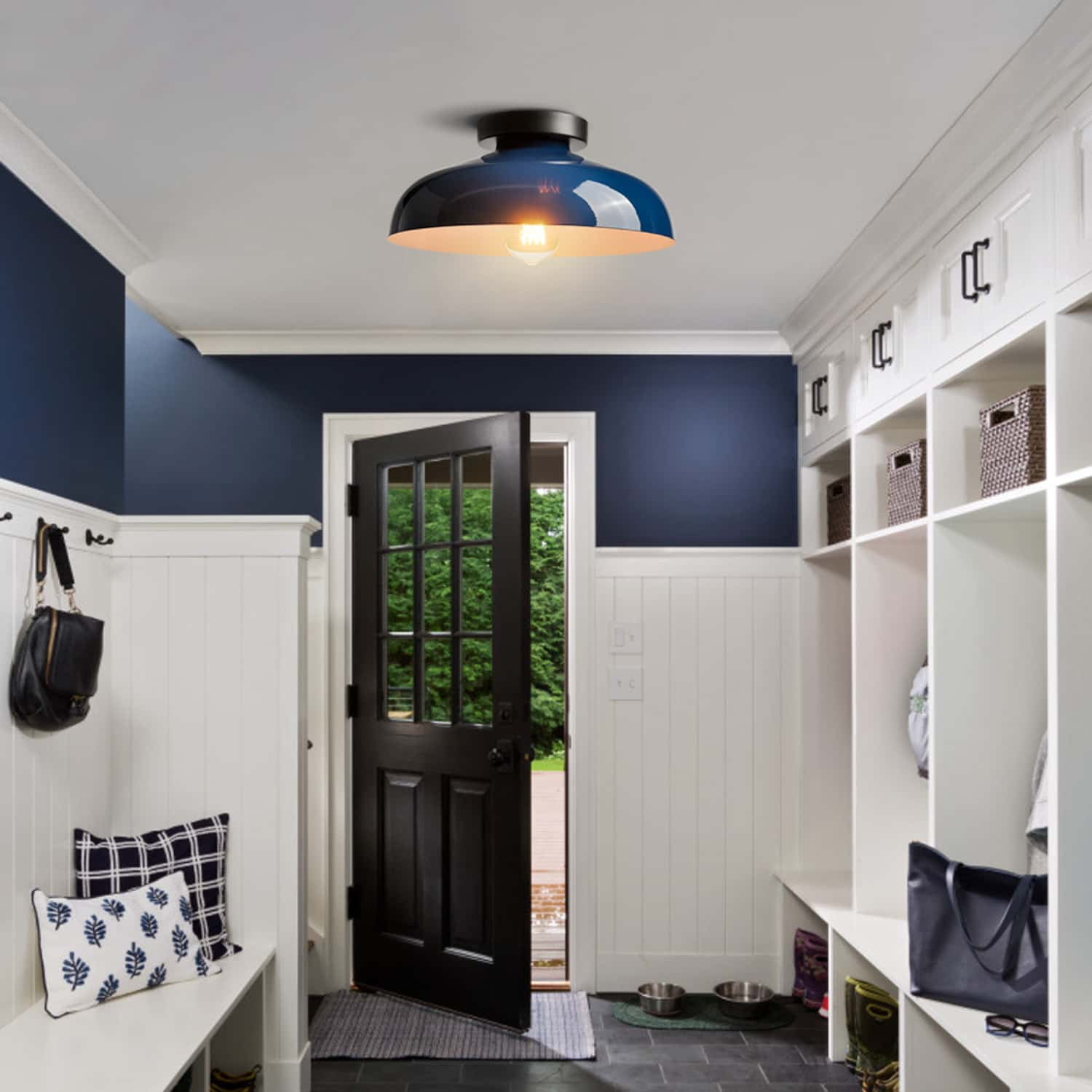 Claxy 12" Dark Blue Flush Mount Ceiling Light with Dome Metal Shade