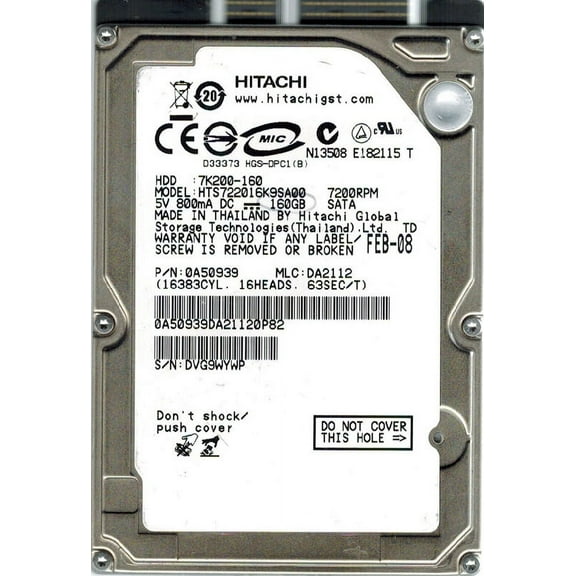 Hitachi HTS722016K9SA00 P/N: 0A50939 MLC: DA2112 160GB
