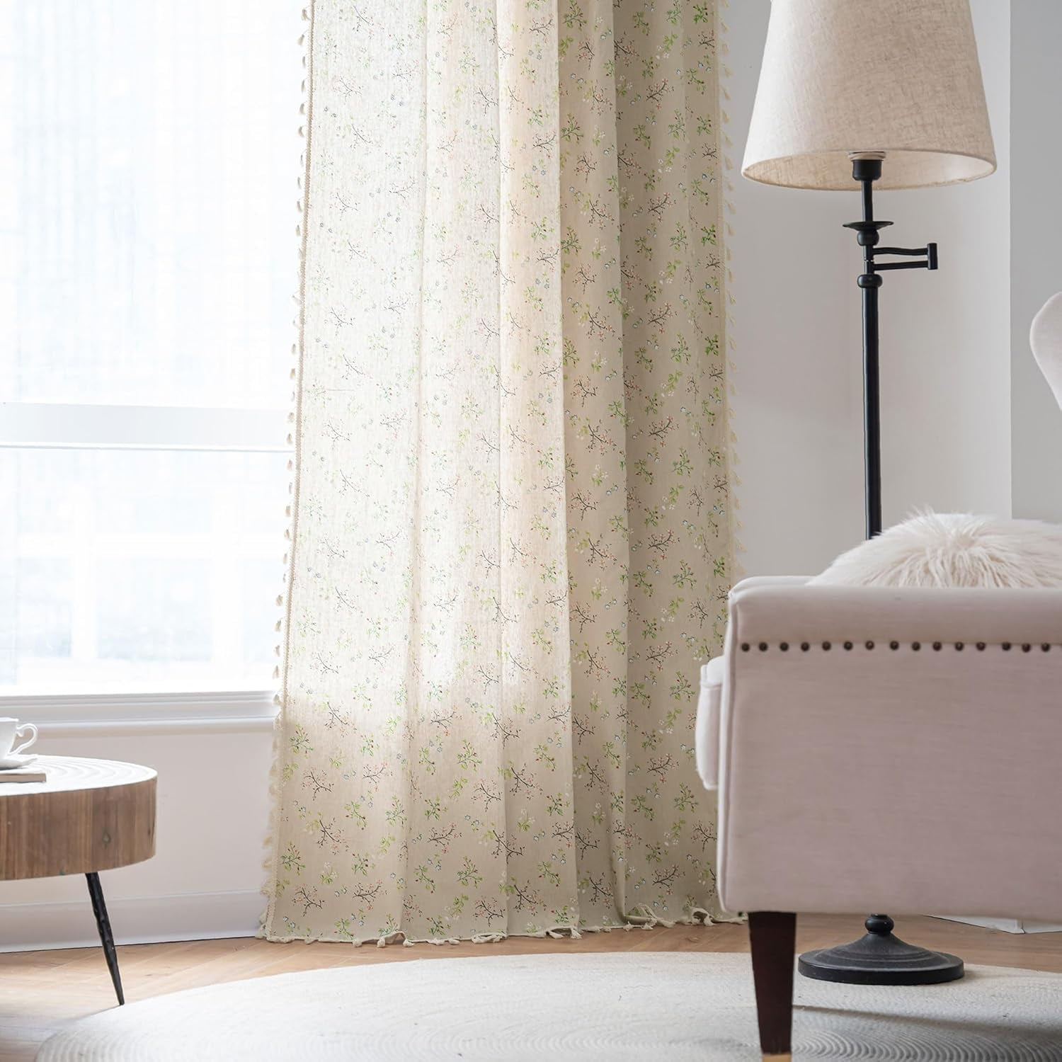 Psoiuetr Floral Farmhouse Curtains Semi Sheer Living Room Drapes Cotton Linen Bohemian Window Curtain Panels with Tassel Beige Rod Pocket Bedroom Drapes 1 Panel 52" W x 63" L
