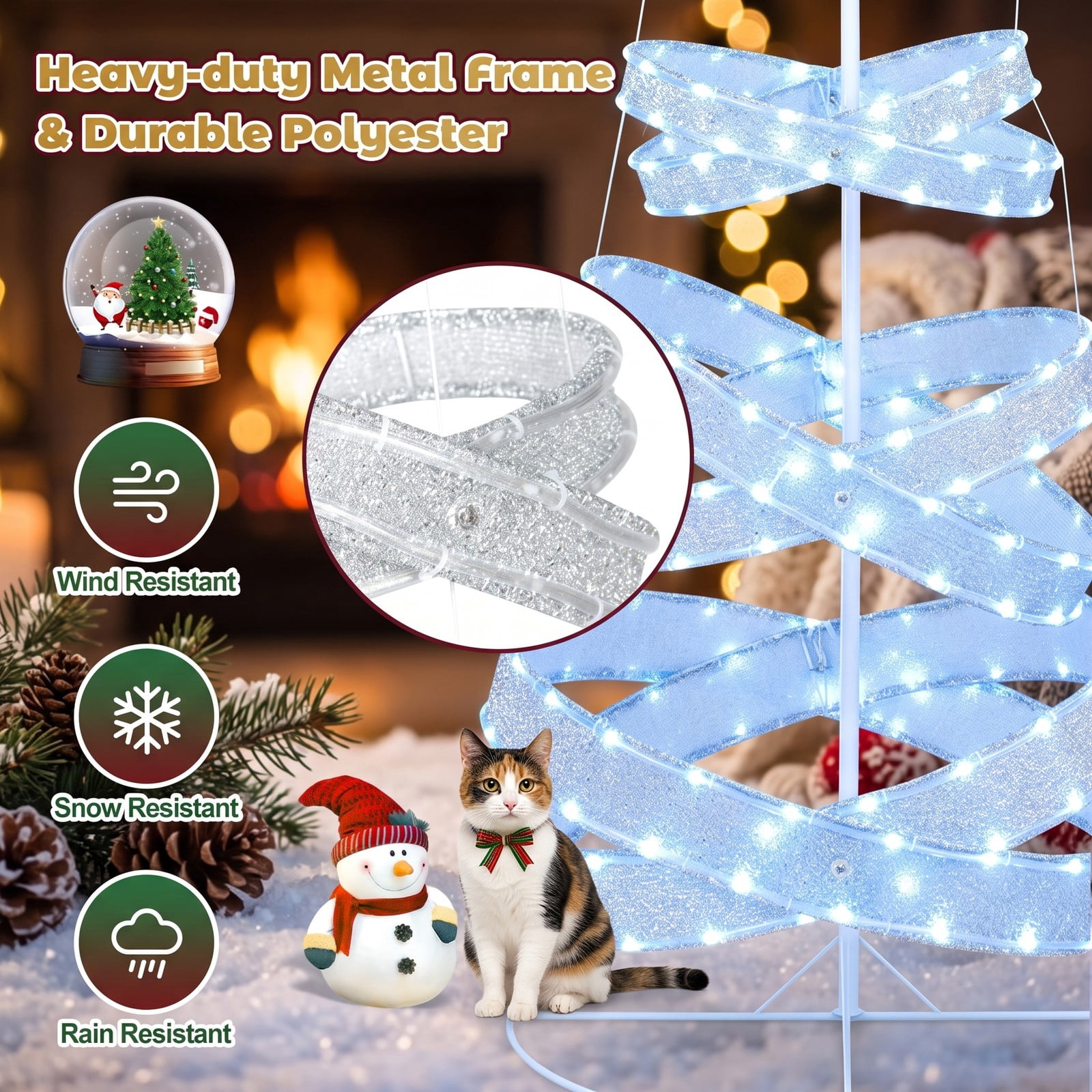 RUIE 7 FT Outdoor Spiral Christmas Tree with 341 LED Lights, 34 Lighting Modes Collapsible Metal Xmas Tree for Yard Party Holiday Decoration, White