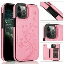 Feishell Back Case for iPhone 14 Pro,Embossed Pattern PU Leather Wallet Phone Case with ID Credit Card Slots Shockproof Magnetic Buckle Back Flip Holder Protective Cover,Pink