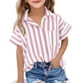 thumbnail image 2 of Mifsaly Kids Girls Striped Button Down Shirts Linen Cotton Summer Short Sleeve Blouses Lightweight Flowy Vacation Casual Outfits, 2 of 7