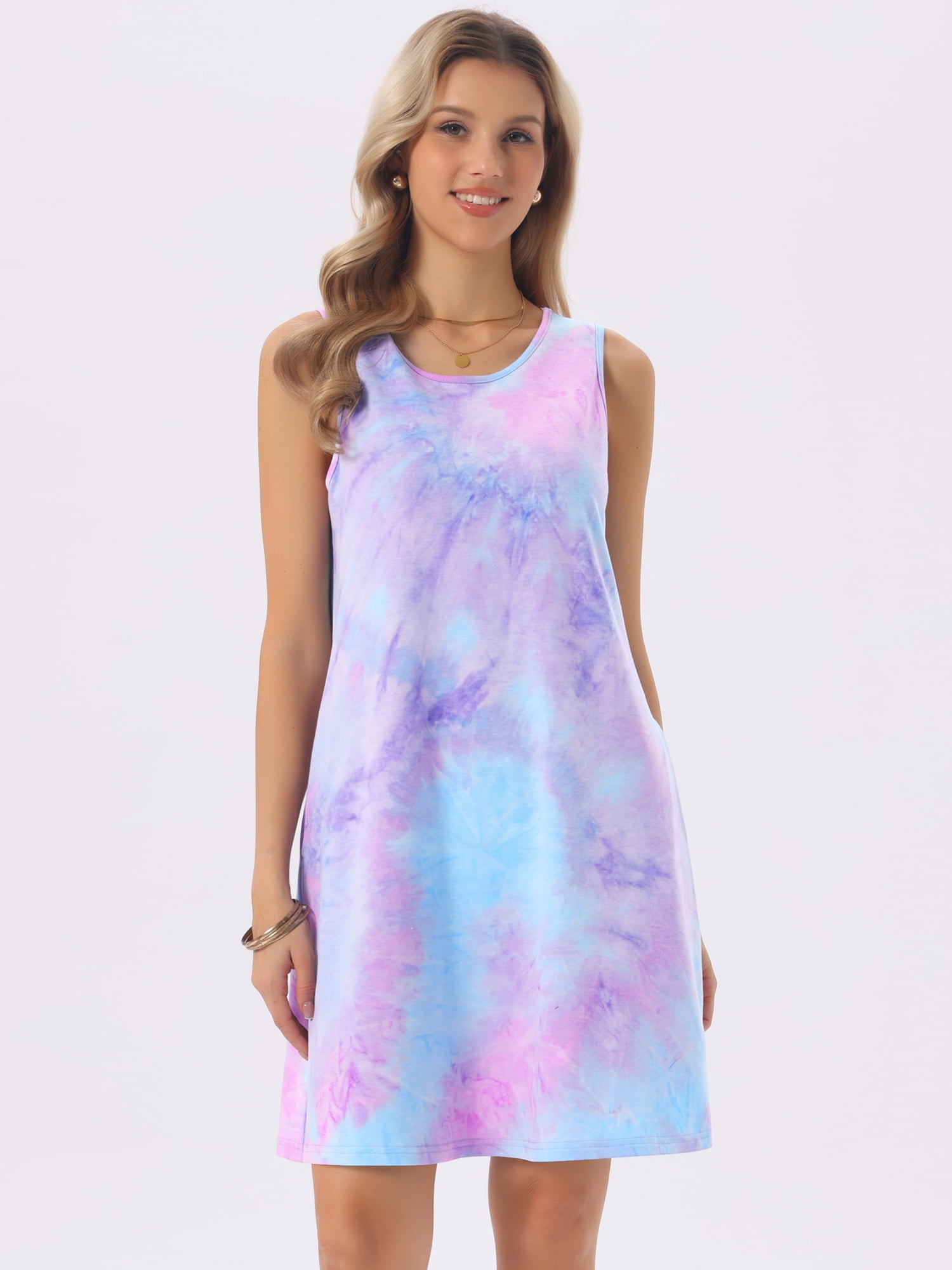 DARING DIVA Tie Dye Tank Dress Sleeveless Pockets Dress Large Tie Dye Purple