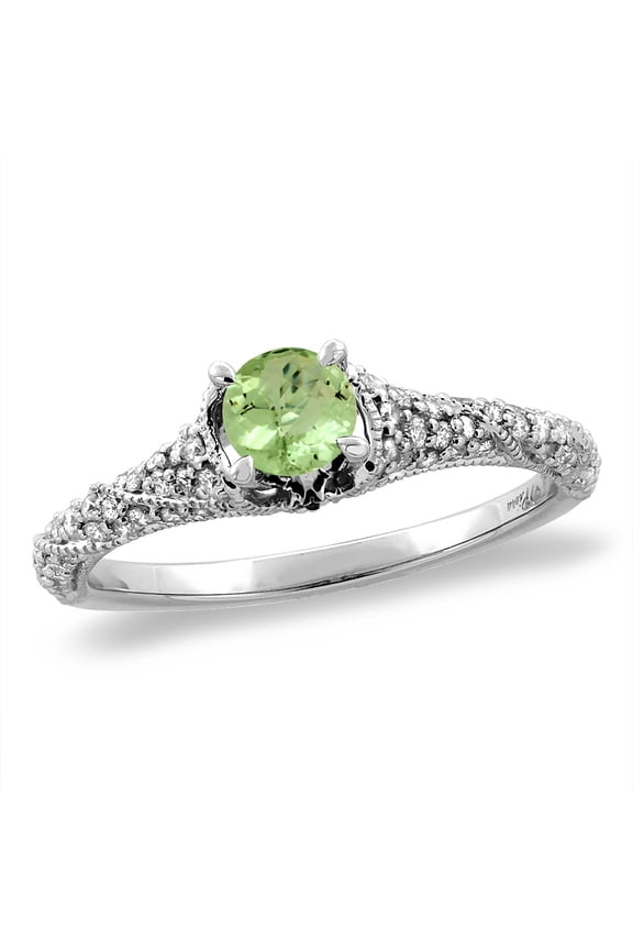 14K White Gold Diamond Natural Peridot Engagement Ring Round 4 mm, size 5.5