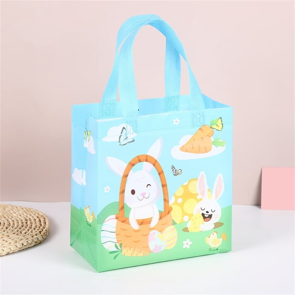 Blue Non Woven Gift Bag with Handle, Reusable Happy Bunny Bags for Easter Eggs Treats Party Favors Holiday Decor 8.6X9X4.3 Inch