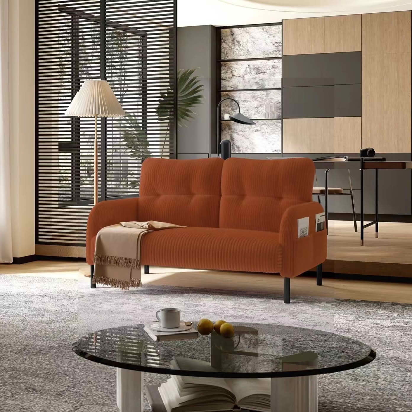 MAYEERTY Corduroy 2-Seater Loveseat, Modern Monochrome Double Sofa with Side Storage Pockets & Sturdy Wood Frame for Home Office