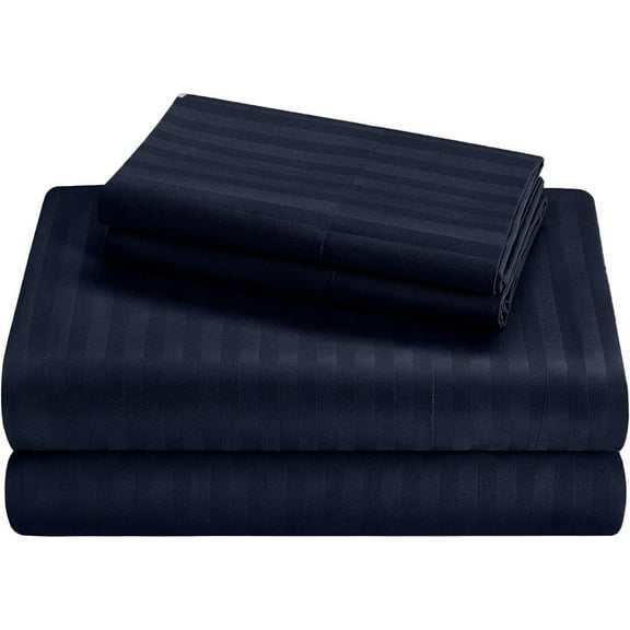 RV Cotton Sheets, 4 PC RV Camper/Bunk/Truck Sleeper Cot Sheets, 12 To 14 Inch Deep Pocket, Fully Elasticized & 100% Egyptian Cotton Sheets - Navy Blue Stripe, RV Camper Queen, 400 Thread Count..
