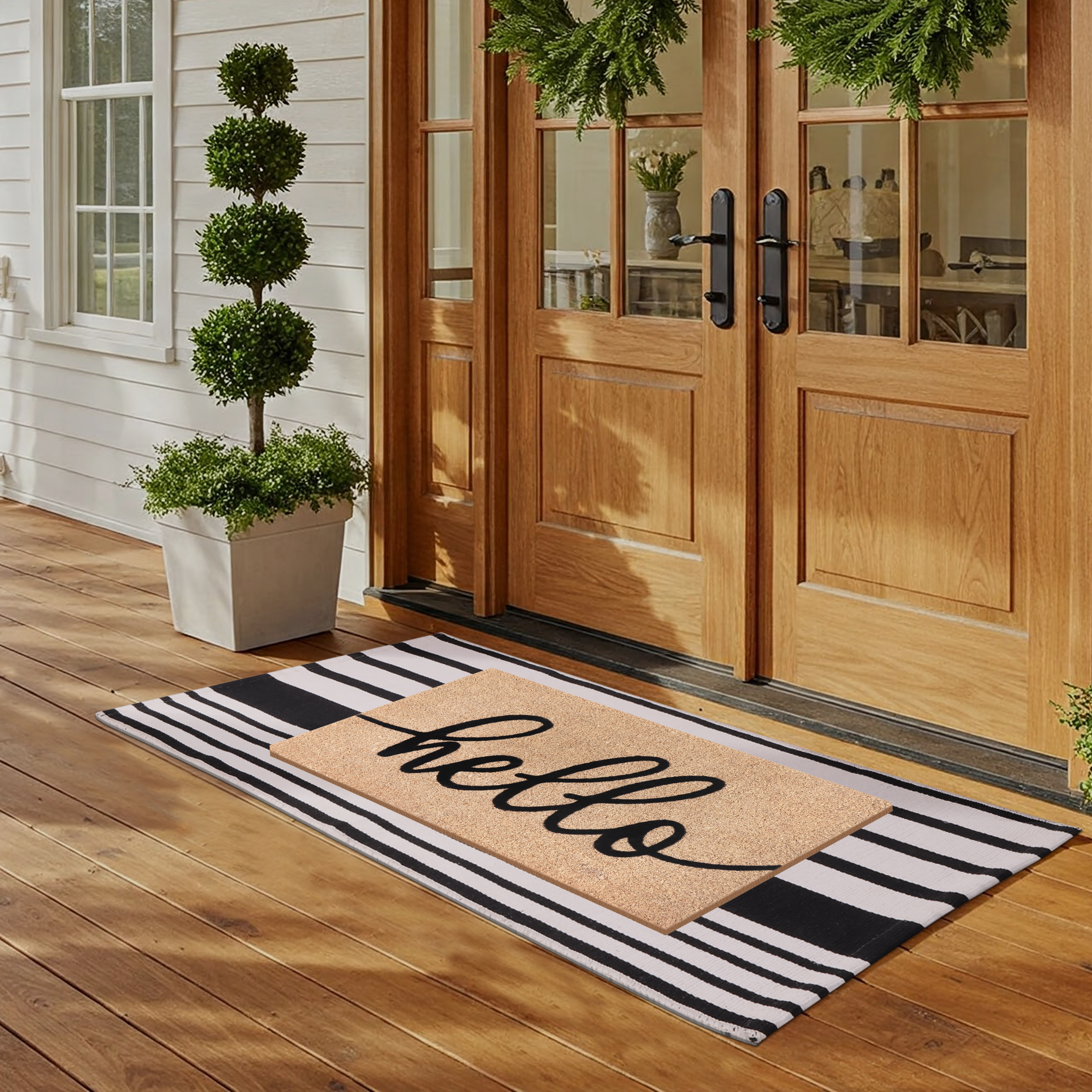 A1HC Coir Welcome Mat and Black & White Striped Cotton Rug Combo Set, 24"x36" & 24"x51", Hand-Woven Washable Entryway Décor