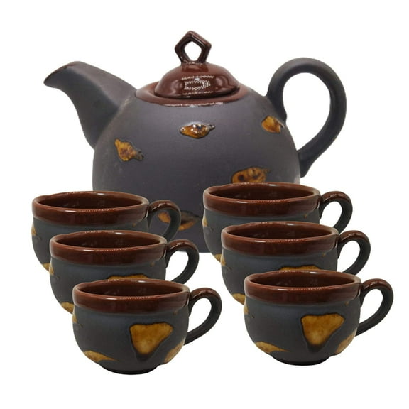 India Meets India Black Ceramic Tea Pot Kettle 20 Oz Set of 6 Ceramic Tea Cups Indian Handicraft Perfect Gift Pack