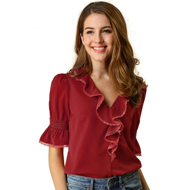 BluDe ManDe CampaCon Cuello En V Y Volantes PaMujer, BluCampesiDe GaInformal Vintage De Verano Rojo S