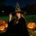 thumbnail image 6 of Halloween Witch Hat Costume, Black Pointed Wizard Hat With Gold Print Fringe Trim For Adults Kids Role Play Party Outfit, Gothic Halloween Dress Up Accessory For Hau*nted Hous Festival Events, 6 of 6