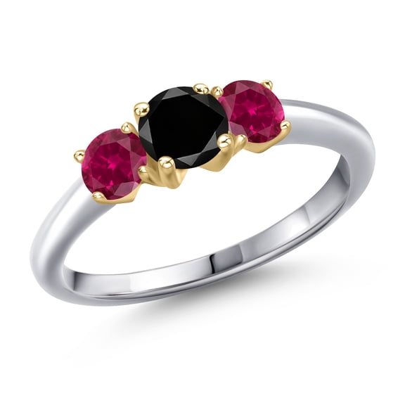 Gem Stone King 925 Silver and 10K Yellow Gold Black Diamond and Red Created Ruby Engagement Ring for Women | 1.05 Cttw | Round 5MM | Gemstone April Birthstone | Size 5