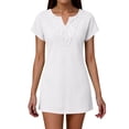 thumbnail image 2 of Womens Shift Dress Short Sleeve Split Neck Dress Mini Dresses with Lace Hem Casual Daily Beachwear White S, 2 of 4