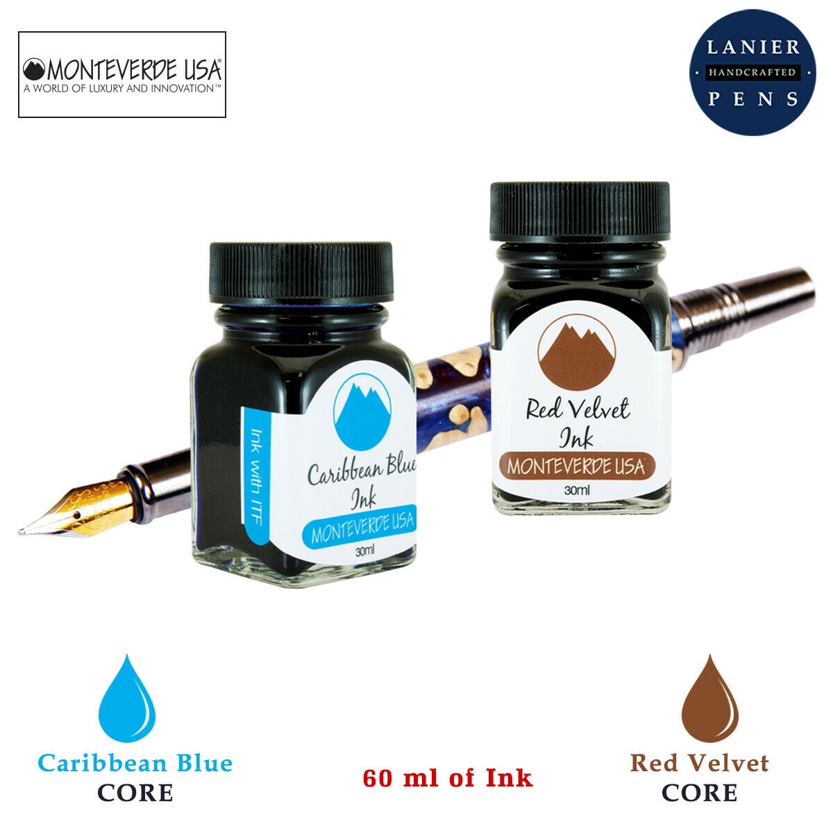 Monteverde 60ml Core Fountain Pen Ink Bottle (30ml Caribbean Blue Ink Bottle G309CU, 30ml Red Velvet Ink Bottle G309RV)
