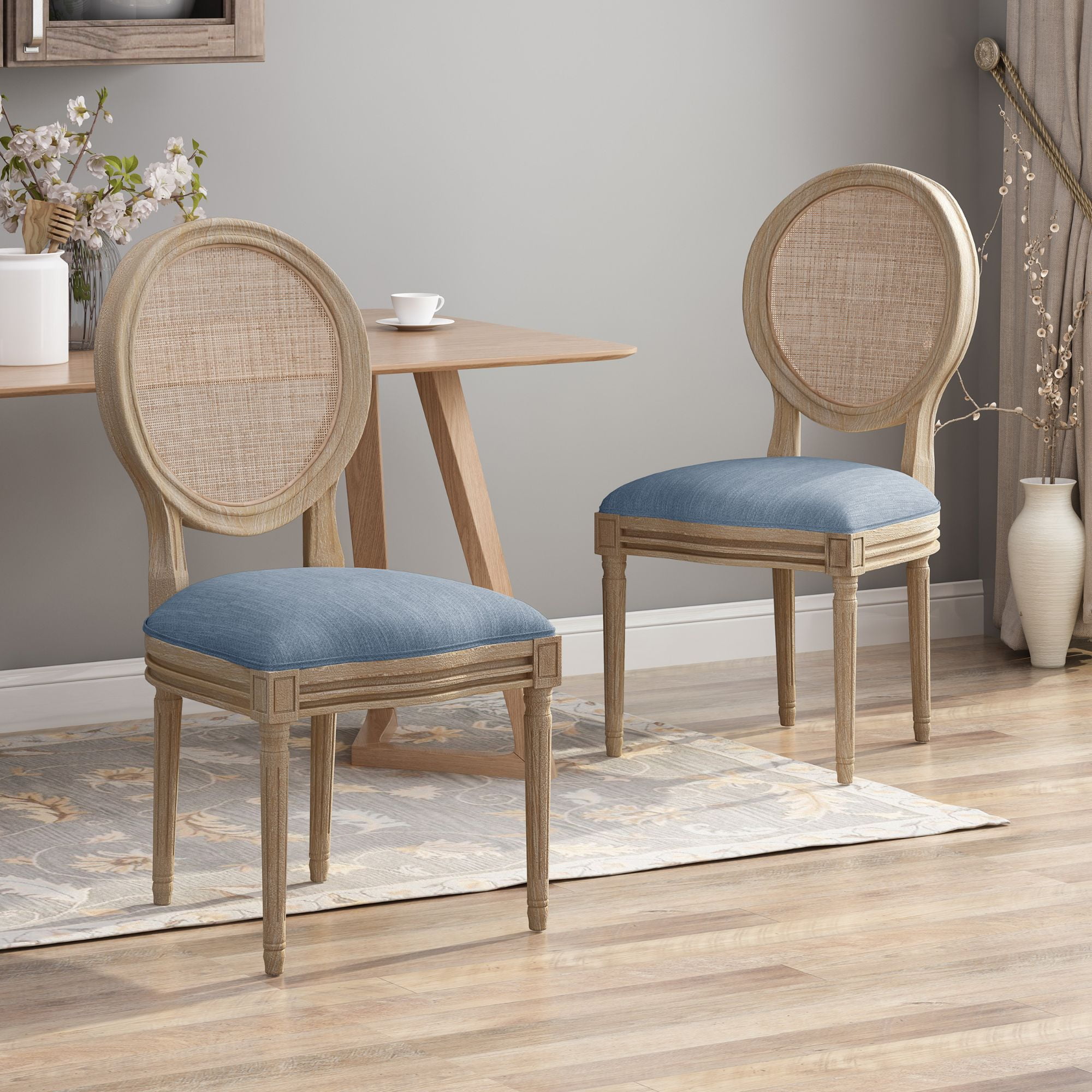 Noble House Theodore French Fabric Dining Chairs, Set of 2, Light Blue