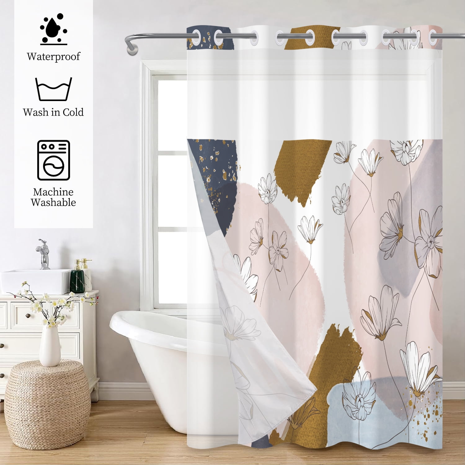 Mizhona Mid Century Hookless Shower Curtain with Snap in Liner,Boho Pink No Hook Fabric Shower Curtain,71"× 74"