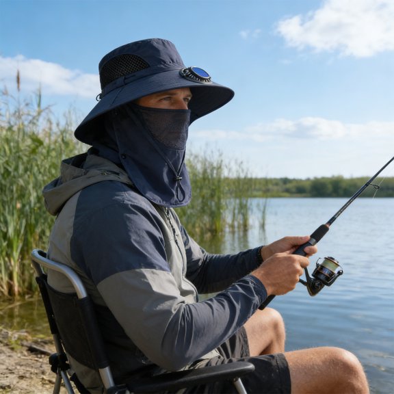 FEOLGEHLY Summer Solar Fan Hat with Veil, Mesh Designed, Breathable and Dry Solar Fisherman Hat, Wide Brim Sun Bucket Hat for Adults, Solar Powered USB Charging Cap for Outdoor Activities(Navy)