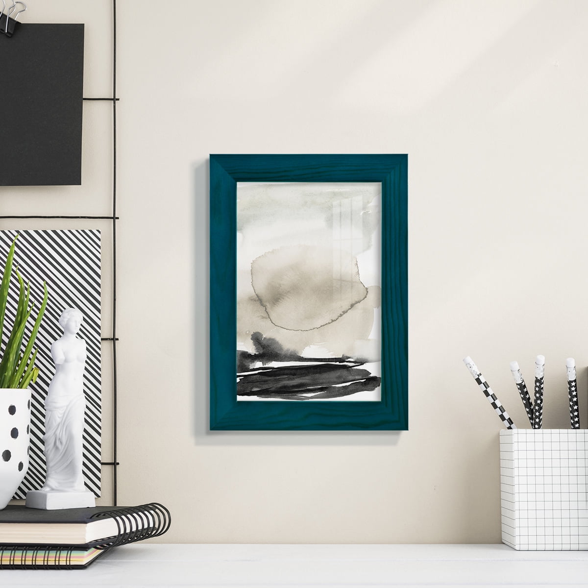 Ebony Horizon Triptych II - Framed Print w/glass - Ocean Blue