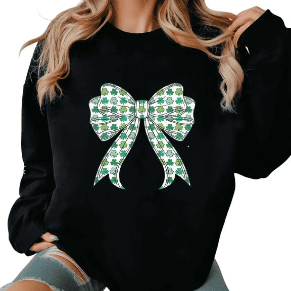 Black Loose Print Sweatshirt Graphic Sweatshirt S-3XL Shamrock Pattern Bow St Patrick's Day Lucky Cotton Tops