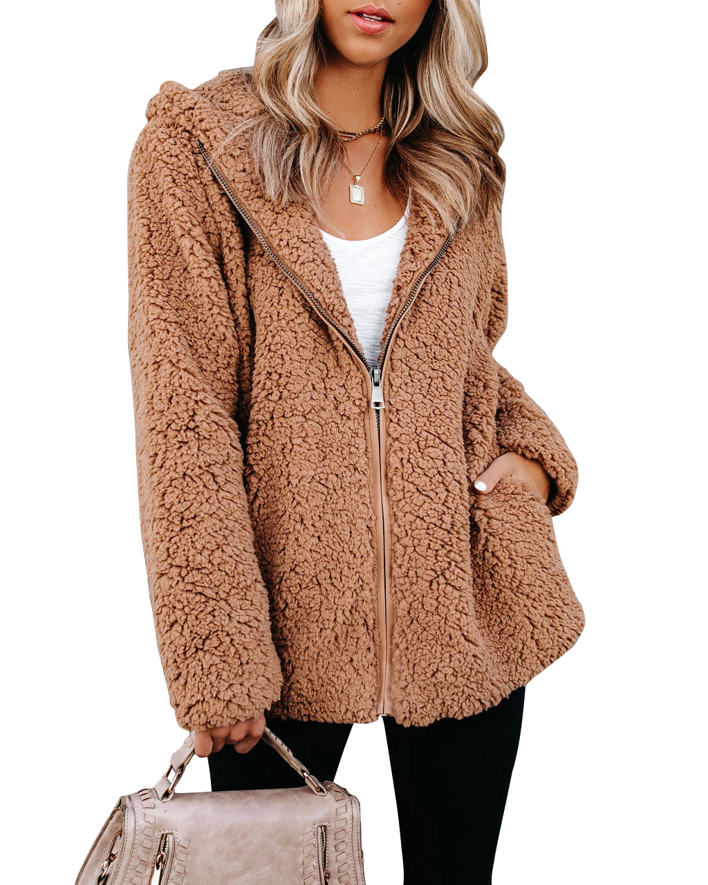 Plnotme Womens Fleece Sherpa Jacket Long Sleeve Solid Color Lapel Zip Up Outwear Faux Shearling