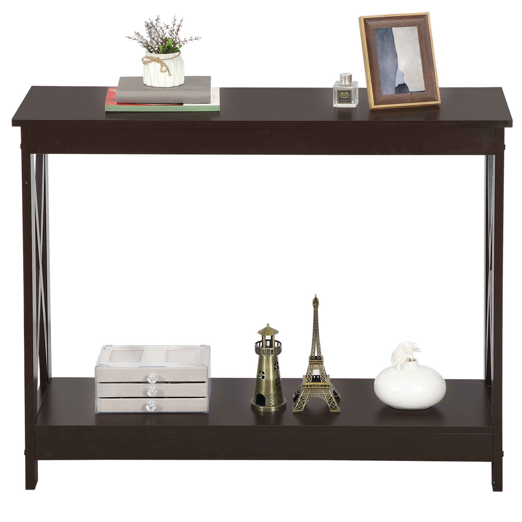 ZENSTYLE Console Table x Shaped Side Table 2 Tier MDF Storage Shelf For Home Entryway Brown