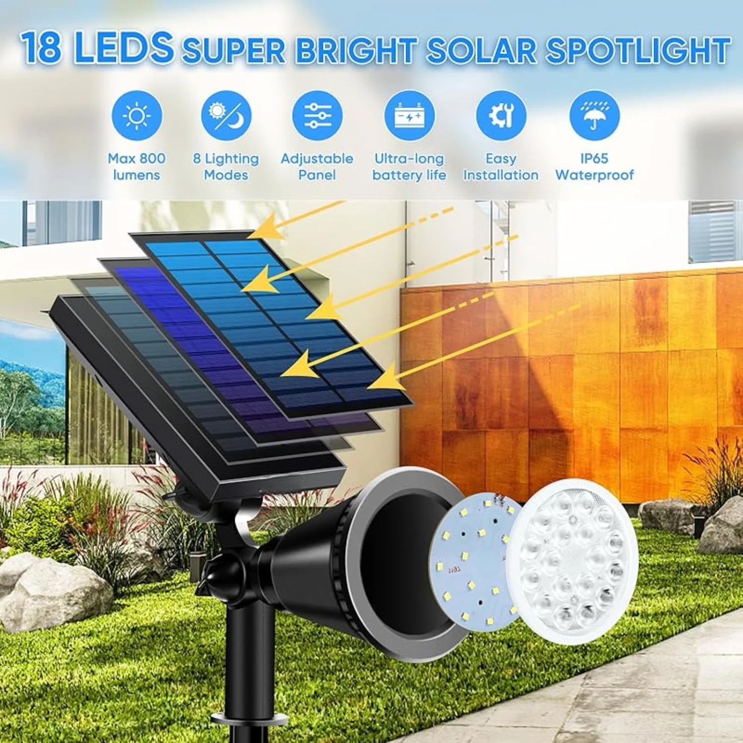 D.FAMILY 2-Pack 1800LM Solar Spot Lights, IP65 Waterproof 18-LED Outdoor Lights