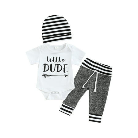 

AmShibel Newborn Baby Boy Summer Outfits Short Sleeve Letter Romper Jumpsuit Striped Pants 3Pcs Casual Clothes Set