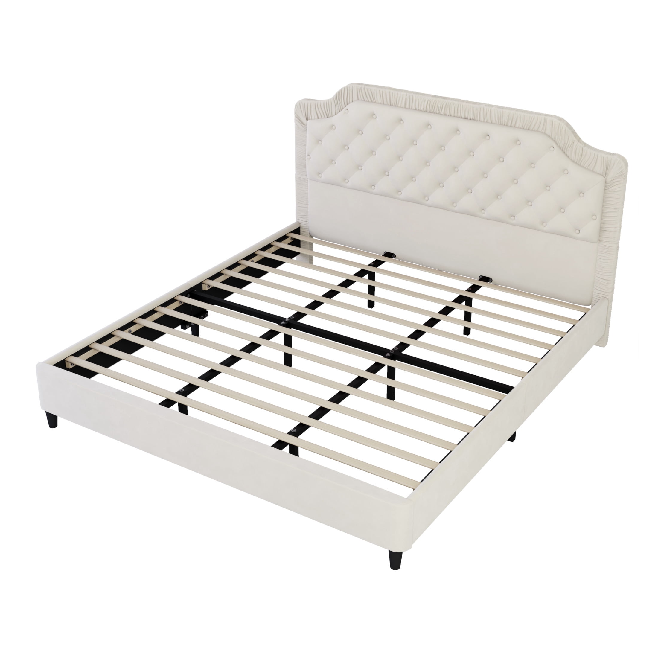 Fallon Modern King Size Platform Bed, Velvet Upholstered Bed with Button Tufted Headboard, White