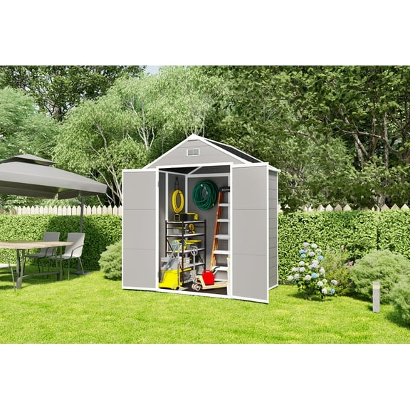 Campcraft 6x5ft Outdoor Storage Shed - Heavy Duty Resin Garden Shed with Floor, 12mm PP Walls, Lockable Doors & HD Window, Waterproof Tool Storage for Yard/Patio (Gray)