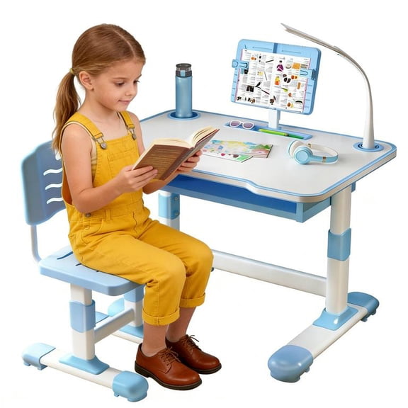 Floseru Kids Table and Chair Set with Bookstand, Height-Adjustable Kids Functional Desk and Chair Set for Kids, Study Table for Boys Girls, Children Study Desk, School Study Table for Writing Reading