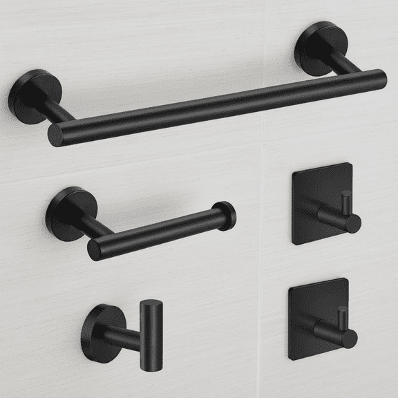 5-Piece Matte Black Bathroom Hardware Set, Stainless Steel Wall Mounted - Includes 16-Inch Towel Bar, Toilet Paper Holder, and 3 Robe Hooks, Complete Bathroom Accessories Kit