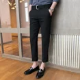 thumbnail image 2 of Pantalones de traje masculino con cinturón 9 Pantalones de verano negros recortados para hombre Ropa de diseñador de tela Reseñas de estilo coreano Muchos pantalones elegantes, 2 of 5