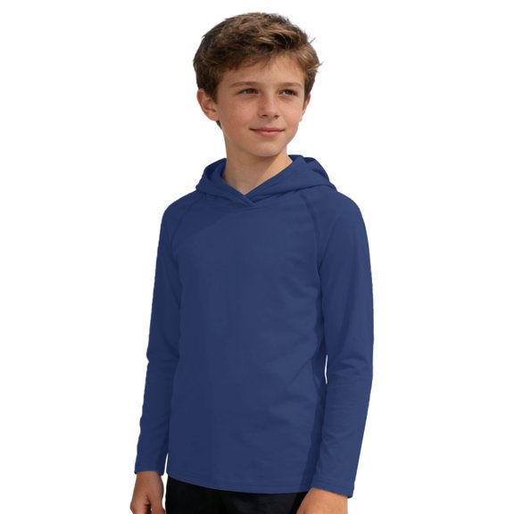 Kids UPF Sun Protection Long Sleeve Hooded T-Shirt, Solid Color Raglan Lightweight Quick Dry Outdoor Hoodie Top, Boys Girls Casual Summer Activewear(Dark Blue,15-16 Years)