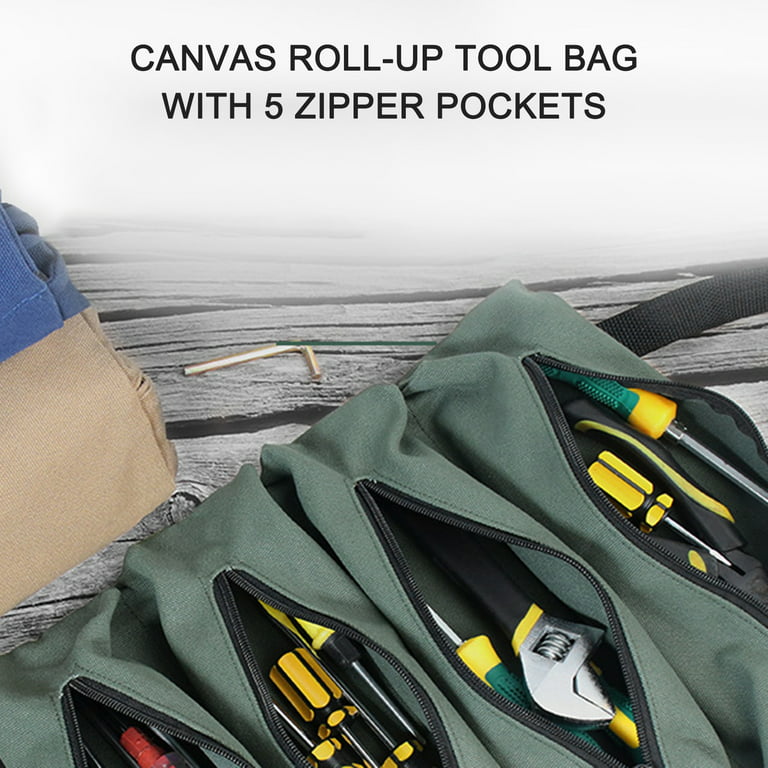 Carevas Canvas Roll-up Tool Bag, Multi-Purpose Tool Roll Pouch Tool  Organizer with 5 Zipper Pockets Carrier Bag for Car Motorcycle Storaging  Wrenches