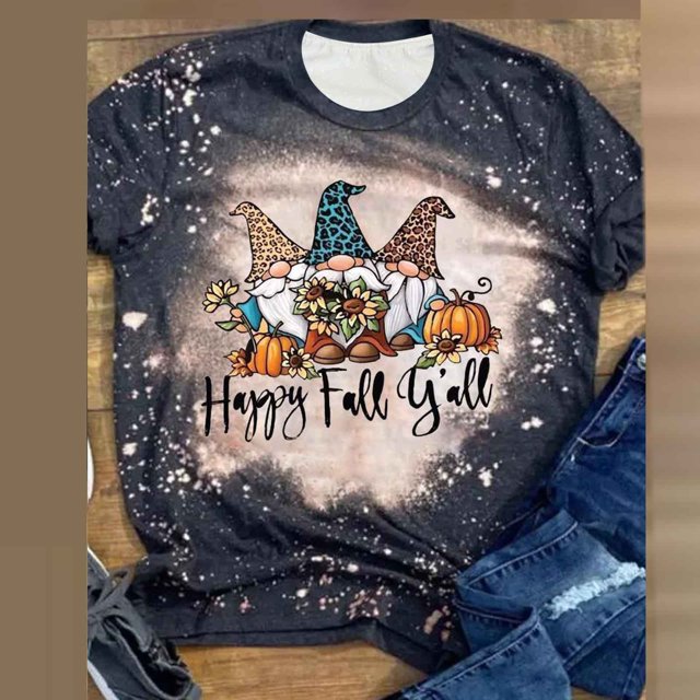 Pntutb Mujeres Casual Manga corta Corbata digital Impresión O-cuello Camiseta suelta Blusa Día de Acción de Gracias tops Pntutb Pntutb-867