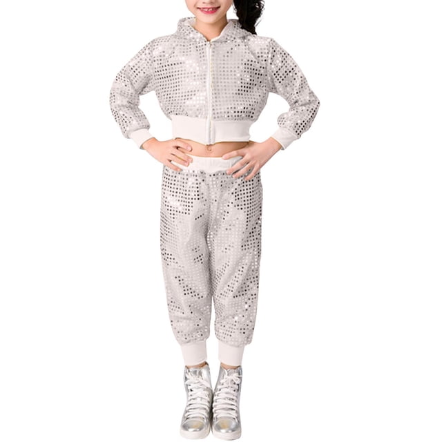 Odeerbi 1-8 Años Niños Niñas Sudaderas Con Capucha de Lentejuelas Sudaderas Con Capucha de Algodón Brillante Hip Hop Escenario Trajes Pantalones Largos Conjunto
