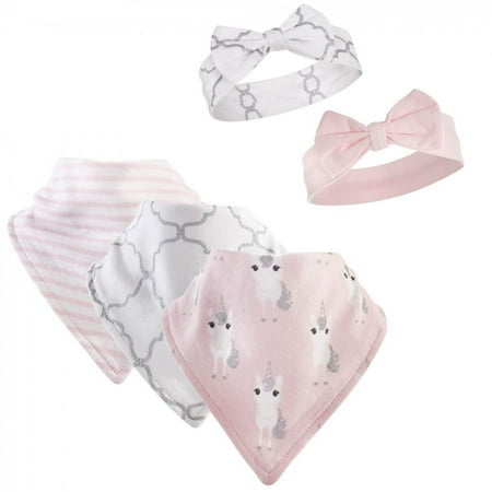 UPC: 0660168562019 | Hudson Baby Infant Girl Cotton Bib and Headband Set 5pk  Pink Unicorn  One Size